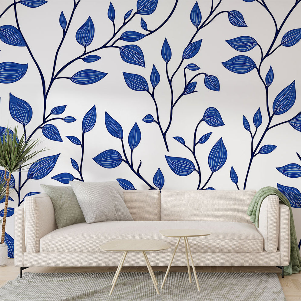LePapierPeint Papier peint feuillage bleu | Motifs délicats sur fond blanc