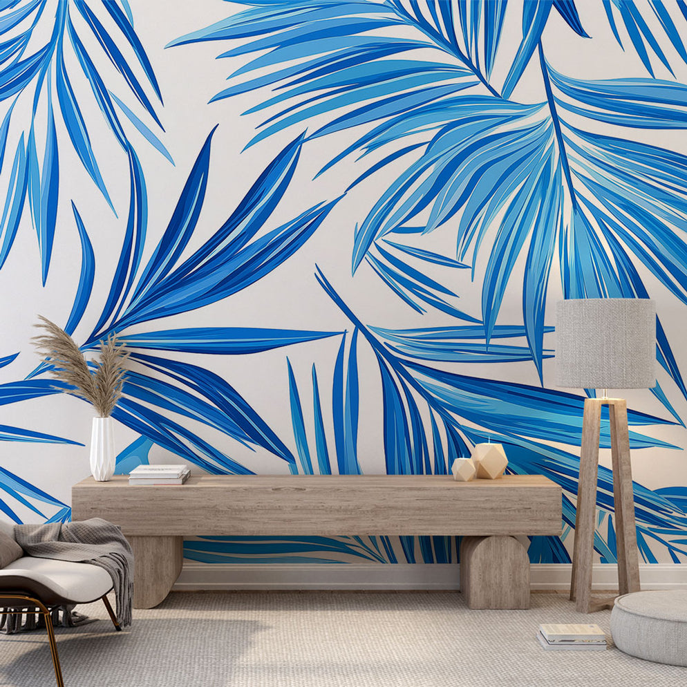 Papier peint feuillage bleu | Palmes tropicales en nuances de bleu ...