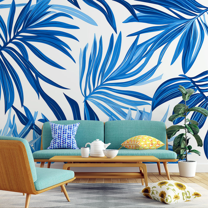 Papier peint feuillage bleu | Palmes tropicales sur fond blanc