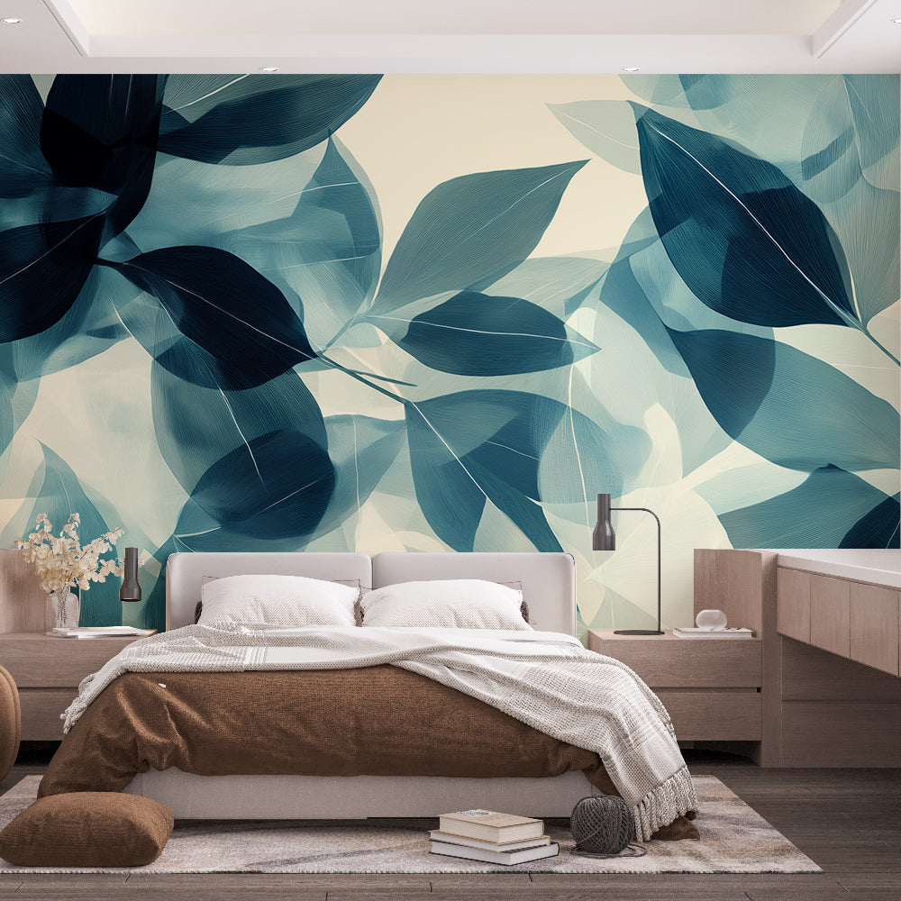 Papier peint feuillage bleu | Superposition et transparence — LePapierPeint