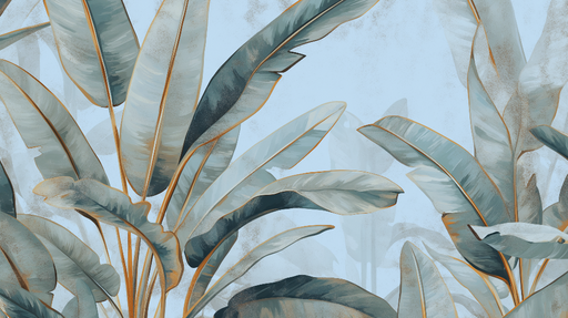 Papier peint feuillage bleu vert et or