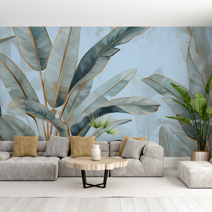 Un salon moderne avec un papier peint tropical aux grandes feuilles vertes sur fond bleu clair, créant une ambiance fraîche et apaisante.