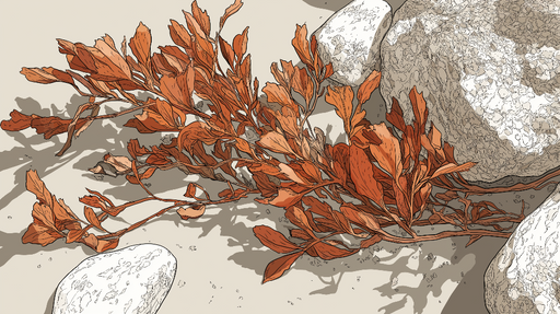 Papier peint feuillage Branche de feuilles rouges et pierres naturelles