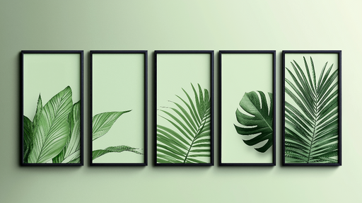 Papier peint feuillage Cadres noirs avec feuilles de différentes formes sur fond vert