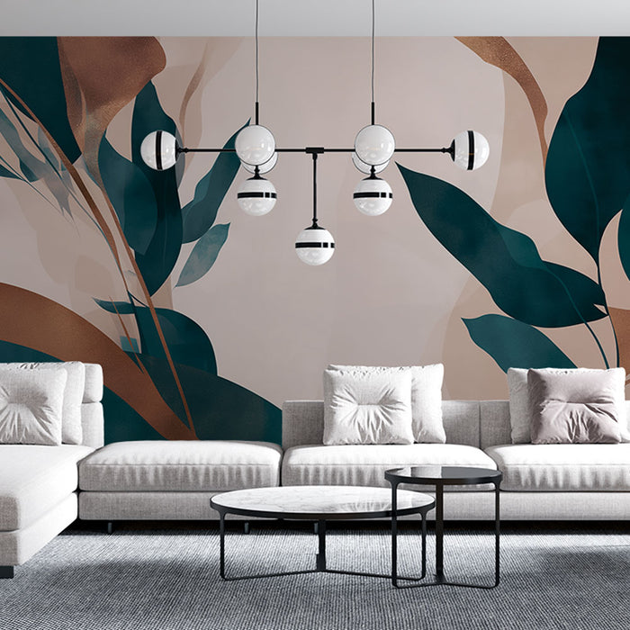 Un salon moderne avec un papier peint aux motifs de grandes feuilles vertes et ocres sur fond beige, créant une atmosphère apaisante et élégante.