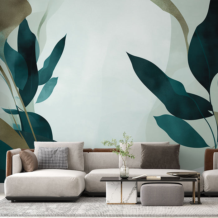 Un salon moderne avec un papier peint aux motifs de grandes feuilles stylisées dans des teintes de vert et de bleu, créant une atmosphère apaisante et naturelle.