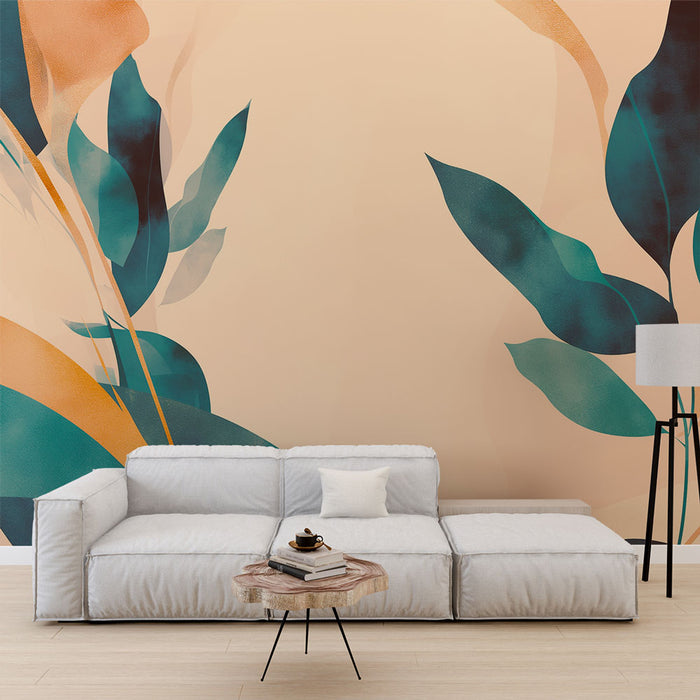 Une pièce moderne avec un papier peint aux motifs de grandes feuilles stylisées dans des teintes turquoise et orangées sur fond beige, créant une ambiance chaleureuse et apaisante.