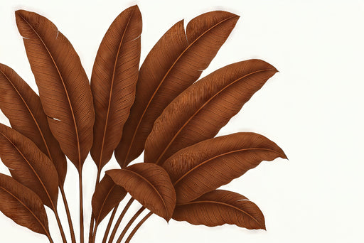 Papier peint représentant de grandes feuilles stylisées dans des tons bruns sur fond blanc, créant une ambiance chaleureuse et naturelle.