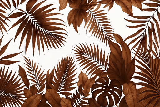 Papier peint tropical aux motifs de grandes feuilles brunes sur fond blanc, créant une ambiance chaleureuse et naturelle, évoquant l'exotisme et la sérénité.