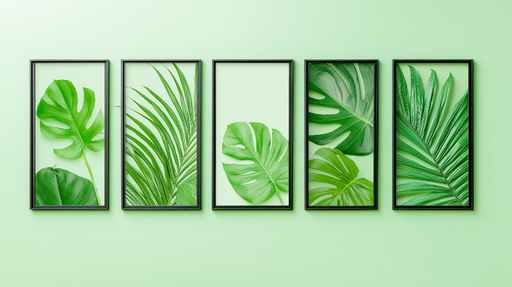 Papier peint feuillage Cinq élégantes feuilles vertes dans des cadres minimalistes
