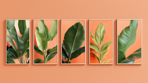 Papier peint feuillage Collection de feuilles tropicales sur fond corail