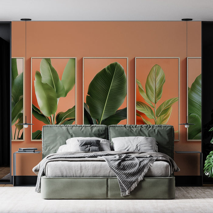 Une chambre moderne avec un papier peint représentant de grandes feuilles tropicales sur un fond rose, créant une ambiance chaleureuse et naturelle.