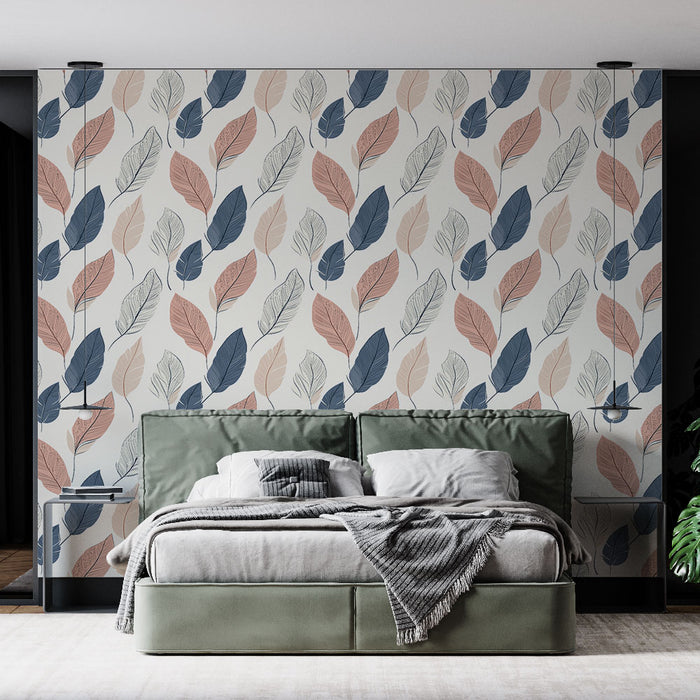 Une chambre moderne avec un papier peint aux motifs de feuilles délicates dans des teintes de bleu, rose et crème, créant une atmosphère apaisante et naturelle.