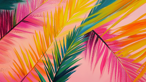 Papier peint feuillage coloré Feuilles éclatantes sur fond rose