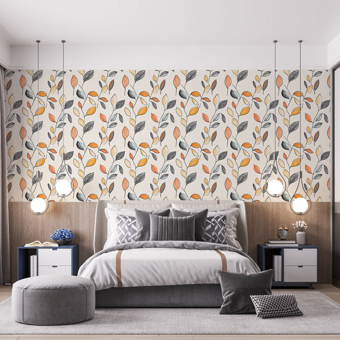 Une chambre moderne avec un papier peint floral aux motifs de feuilles stylisées dans des teintes chaudes d'orange et de gris sur fond clair, créant une ambiance accueillante et dynamique.