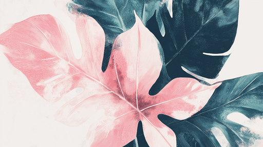 Papier peint feuillage coloré Feuilles roses et bleu foncé sur fond clair