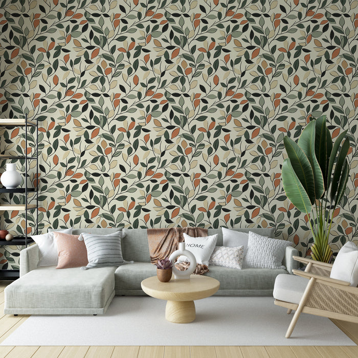 Un salon moderne avec un papier peint floral aux motifs de feuilles vertes et ocres sur fond crème, dégageant une ambiance chaleureuse et naturelle.