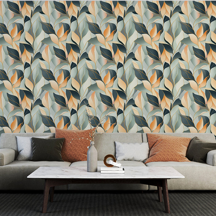 Une pièce de salon avec un papier peint aux motifs de feuilles stylisées dans des teintes douces de vert, beige et bleu, créant une ambiance naturelle et apaisante.
