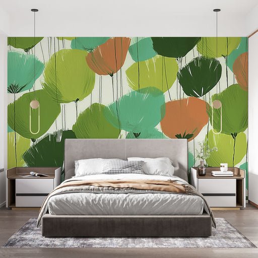 Une chambre moderne avec un papier peint botanique aux grandes feuilles vertes et orangées sur fond clair, créant une atmosphère fraîche et vivifiante.