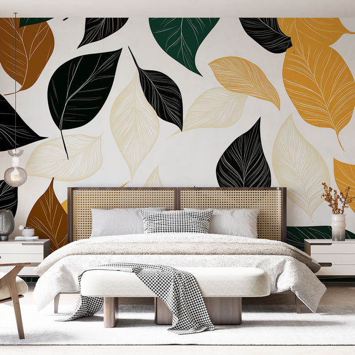 Papier peint feuillage coloré avec motif de feuilles stylisées en noir, vert, marron et jaune pour chambre moderne