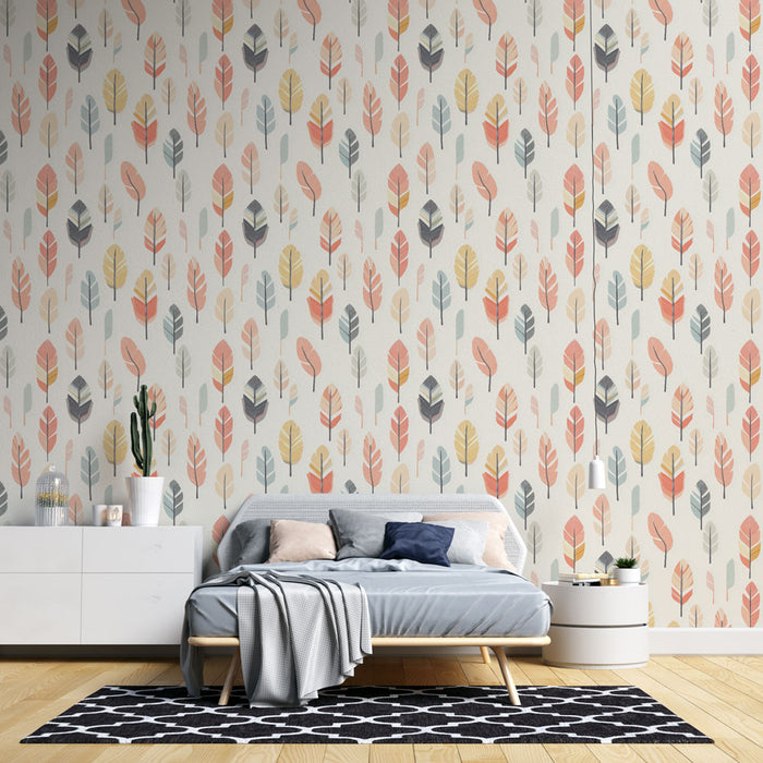 Une chambre moderne avec un papier peint aux motifs de feuilles stylisées dans des teintes pastel, créant une ambiance douce et apaisante.
