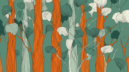 Papier peint feuillage coloré Motifs de feuilles stylisées et troncs vibrants