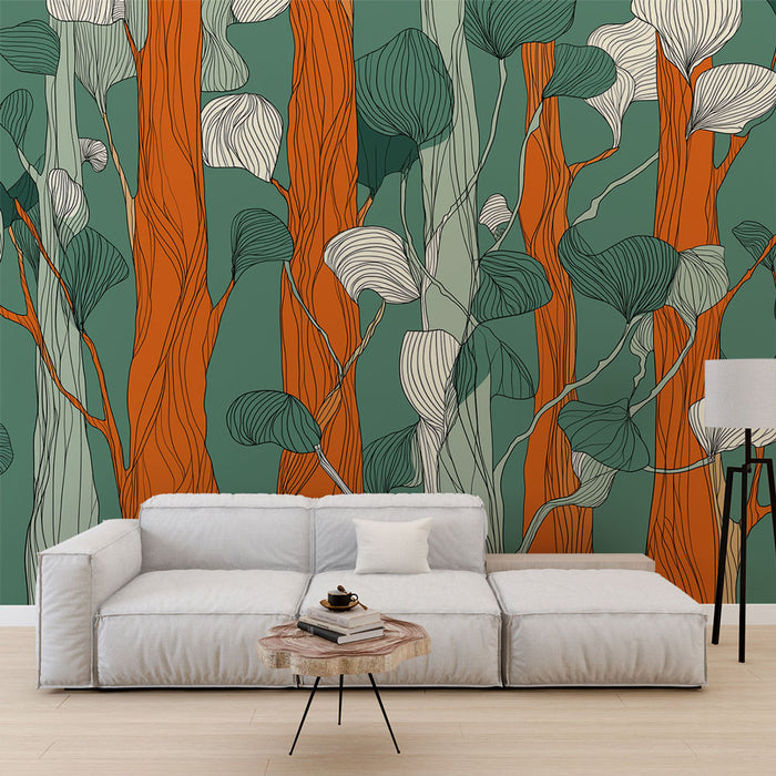 Un salon moderne avec un papier peint aux motifs botaniques stylisés, mêlant des teintes vertes, orange et blanches pour une ambiance vivante et chaleureuse.