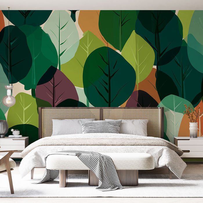 Une chambre élégante avec un papier peint aux motifs de grandes feuilles stylisées dans des teintes de vert, beige et bordeaux, créant une atmosphère naturelle et apaisante.