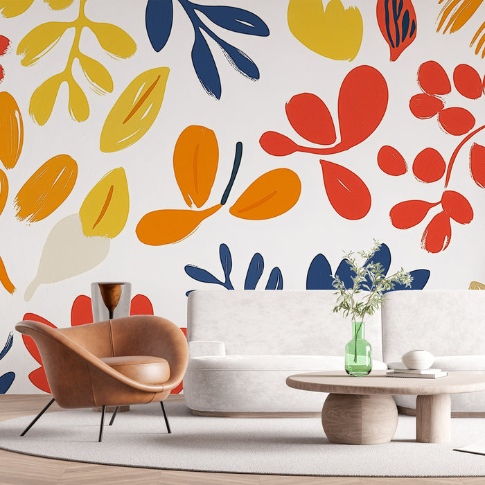 Papier peint feuillage coloré avec motifs de feuilles vibrants pour salon moderne