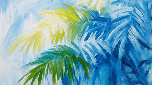 Papier peint feuillage coloré Palmiers verts et jaunes sur fond bleu