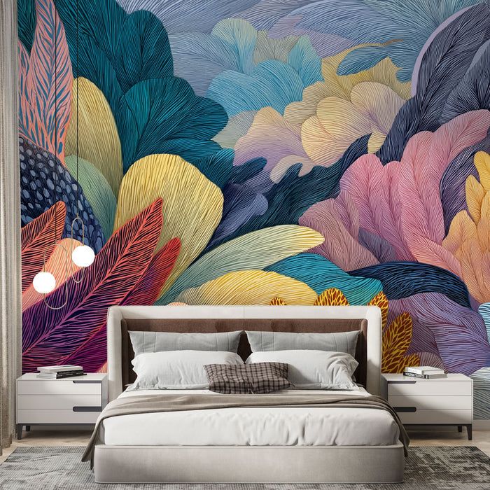 Une chambre moderne avec un papier peint floral aux teintes vibrantes de bleu, rose et jaune, créant une ambiance joyeuse et dynamique.