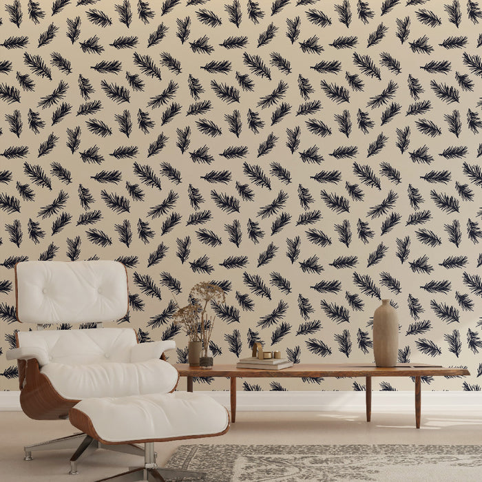 Un salon moderne avec un papier peint beige orné de motifs de branches noires, créant une ambiance naturelle et apaisante.