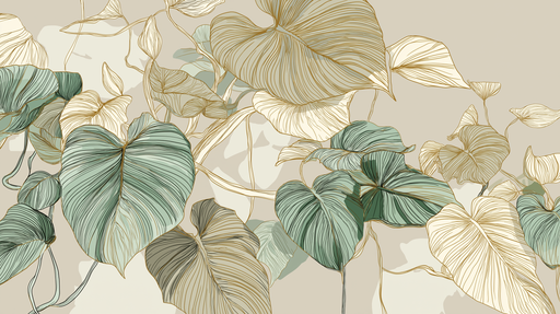 Papier peint feuillage délicat Feuilles aux contours dorés sur fond neutre
