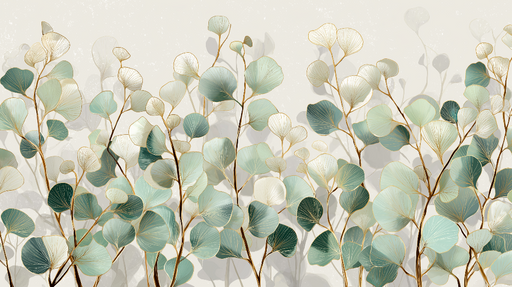 Papier peint feuillage délicat Feuilles élégantes en teintes vertes et dorées