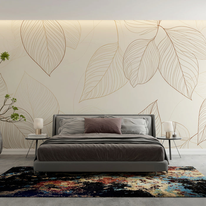 Papier peint feuillage délicat avec feuilles linéaires sur fond crème pour chambre moderne.