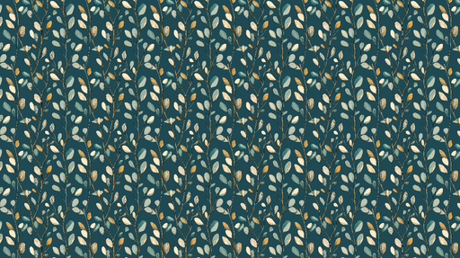 Papier peint feuillage délicat Motif de feuilles aux teintes turquoise et dorées sur fond sombre