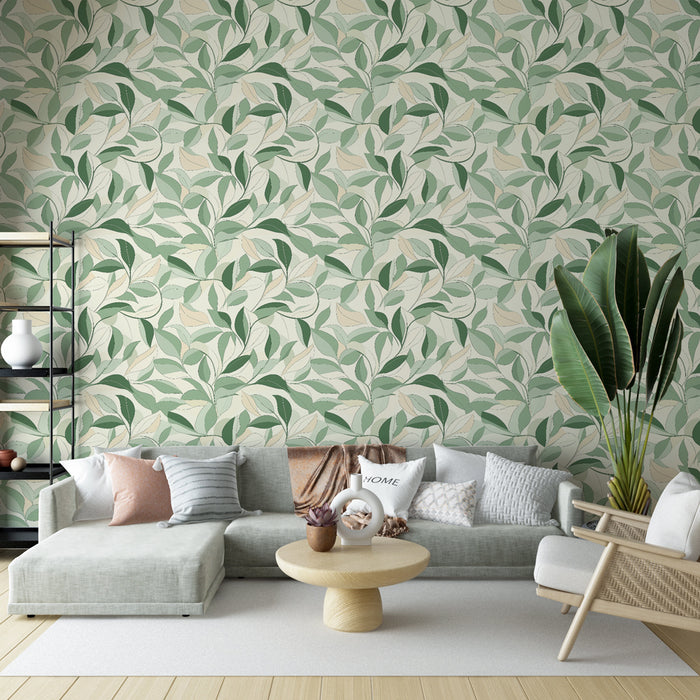 Un salon élégant avec un papier peint floral aux motifs de feuilles vertes et beige sur fond clair, créant une atmosphère apaisante et naturelle.