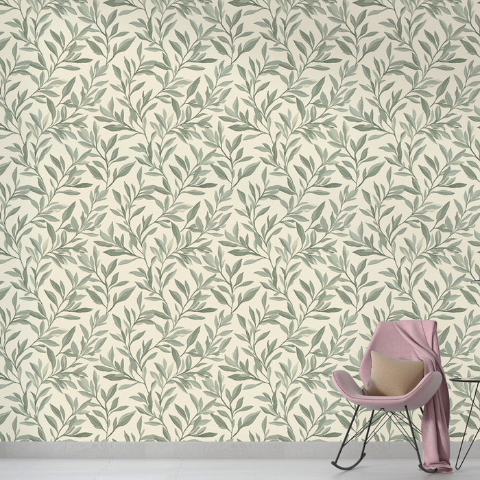 Une pièce moderne avec un papier peint aux motifs de feuillage délicat dans des teintes vertes sur fond crème, créant une atmosphère apaisante et naturelle.