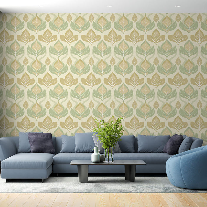 Un salon moderne avec un papier peint aux motifs de feuilles stylisées dans des teintes douces de vert et beige, créant une ambiance apaisante et naturelle.
