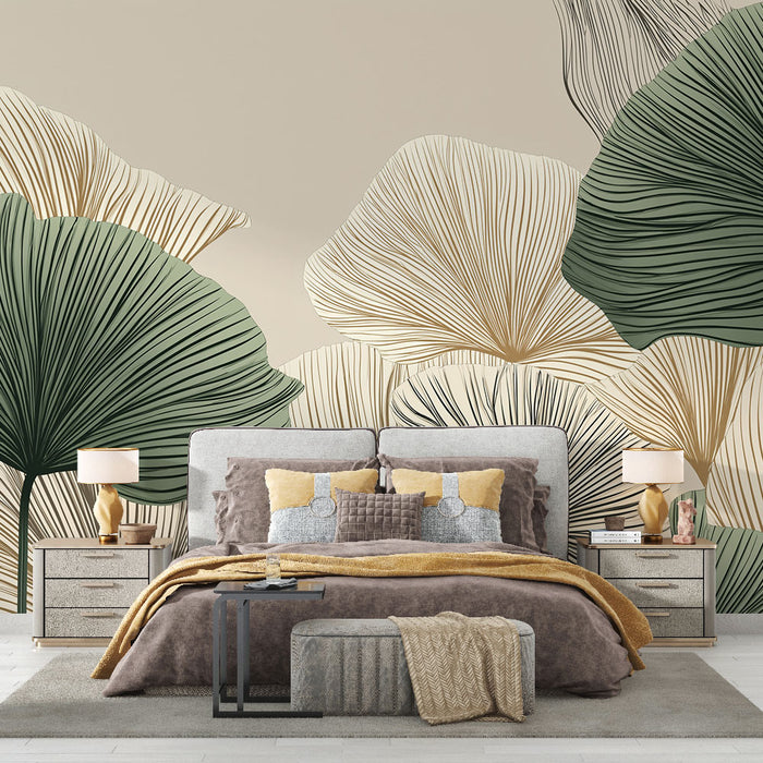 Une chambre élégante avec un papier peint représentant de grandes feuilles stylisées en vert et beige, créant une atmosphère apaisante et naturelle.