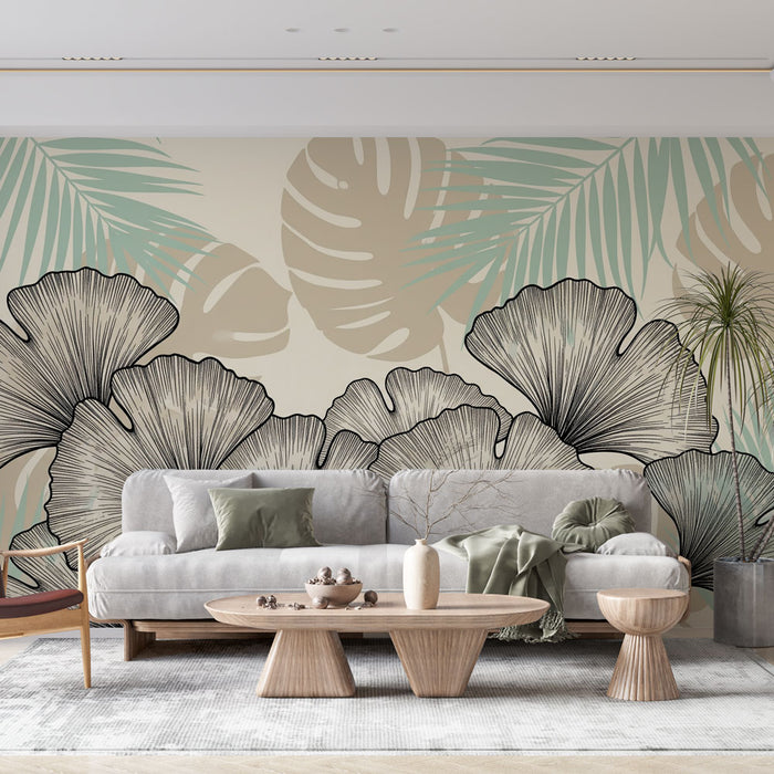 Un salon moderne avec un papier peint tropical aux motifs de grandes feuilles stylisées dans des teintes douces, créant une ambiance apaisante et naturelle.