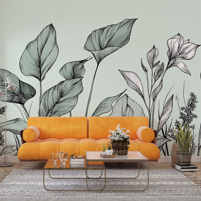 Un salon contemporain avec un papier peint illustrant des feuilles délicates en noir sur fond pastel, créant une atmosphère apaisante et naturelle.