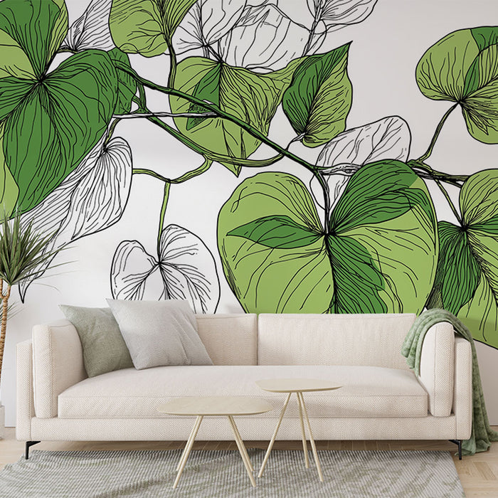 Un salon moderne avec un papier peint botanique représentant de grandes feuilles vertes aux contours délicats, créant une atmosphère fraîche et apaisante.