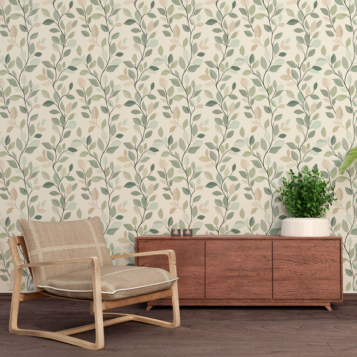 Une pièce moderne avec un papier peint floral aux motifs de feuilles vertes et beiges sur fond clair, créant une ambiance naturelle et apaisante.