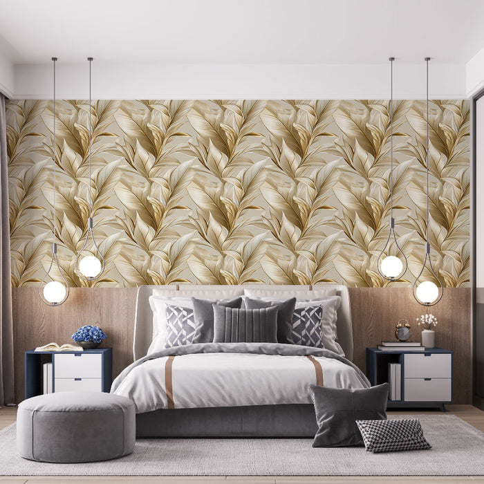 Une chambre moderne avec un papier peint aux motifs de feuilles dorées et beiges sur fond clair, créant une ambiance élégante et chaleureuse.