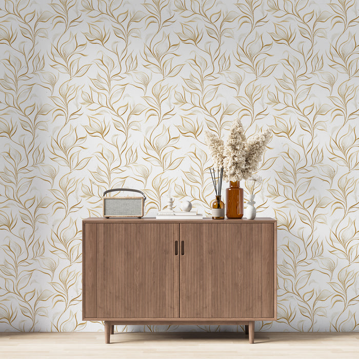 Une pièce moderne avec un papier peint floral blanc et doré aux motifs de feuilles délicates, créant une atmosphère élégante et apaisante.