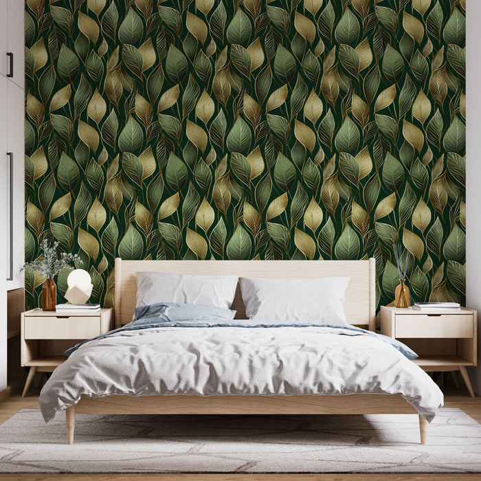 Une chambre moderne avec un papier peint aux motifs de feuilles dorées et vertes sur fond sombre, créant une atmosphère apaisante et naturelle.
