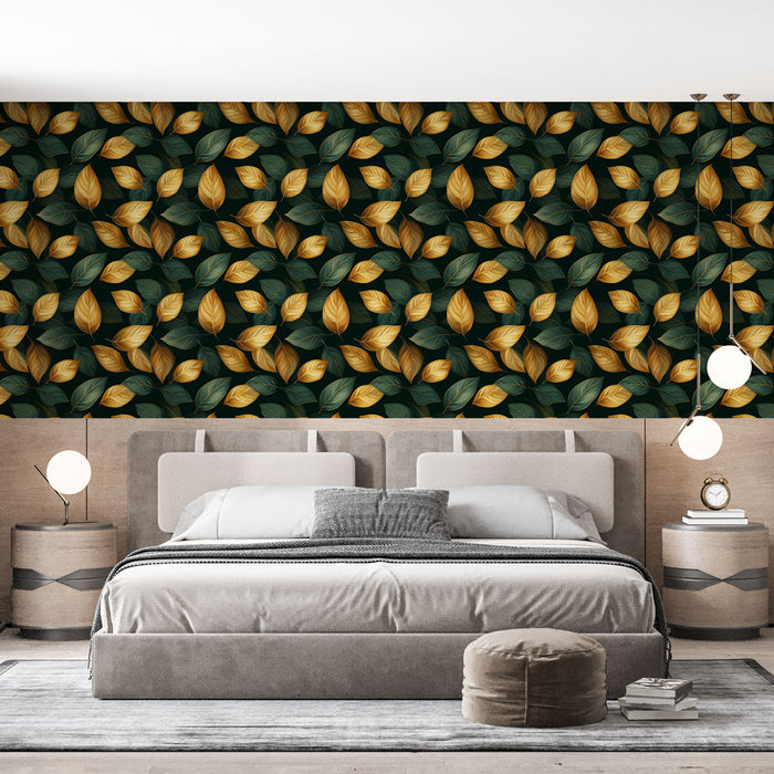Une chambre moderne avec un papier peint aux motifs de feuilles vertes et dorées sur fond sombre, créant une atmosphère chaleureuse et naturelle.