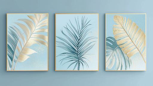 Papier peint feuillage doré Feuilles aquatiques sur fond bleu clair