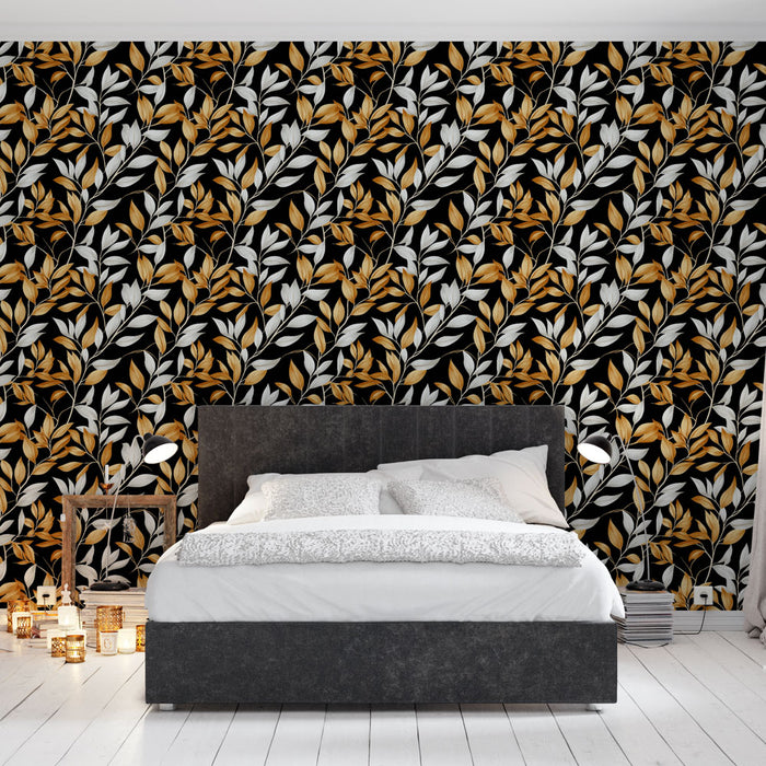Une chambre moderne avec un papier peint floral noir, or et blanc, créant une ambiance élégante et chaleureuse.